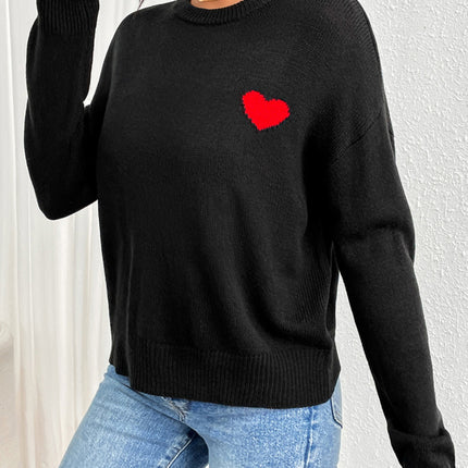 Heart Round Neck Long Sleeve Sweater