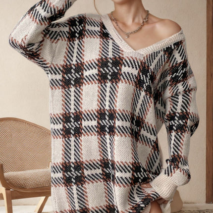 Distressed Plaid V-Neck Long Sleeve Sweater Dress