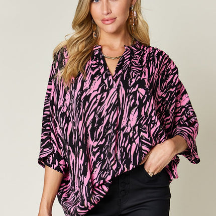 Double Take Full Size Printed Notched Three-Quarter Sleeve Blouse