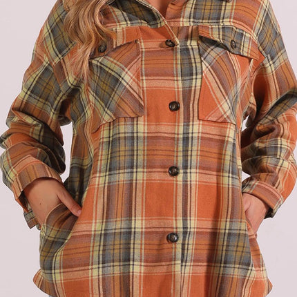 Plaid Collared Neck Long Sleeve Shirt with Chest Pockets