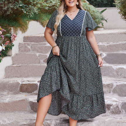 Plus Size Printed V-Neck Flutter Sleeve Midi Dress