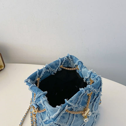 Chain Drawstring Raw Edge Denim Bucket Bag