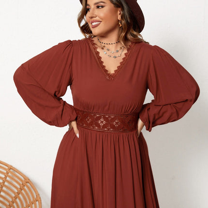 Plus Size Lace Detail V-Neck Balloon Sleeve Dress