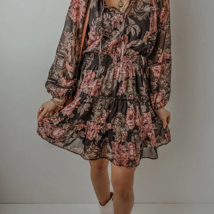 Printed Tie Neck Long Sleeve Mini Dress