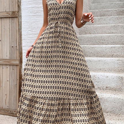 Printed V-Neck Tie Waist Midi Dress