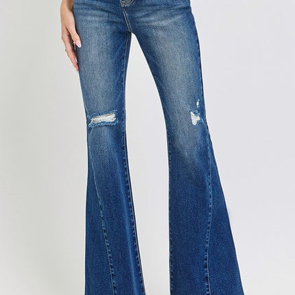 RISEN Distressed Button-Fly Flare Jeans