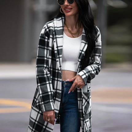 Shiny Plaid Shawl Collar Coat with Pockets