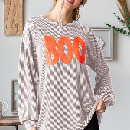 Heimish BOO Round Neck Long Sleeve Ribbed T-Shirt