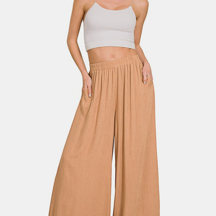 Zenana Pleated Linen Blend Wide Leg Pants