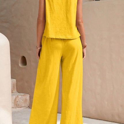 Round Neck Sleeveless Top and Wide Leg Pants Set