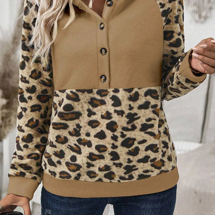 Leopard Half Button Long Sleeve Hoodie