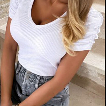 Puff Sleeve V-Neck Ribbed Top