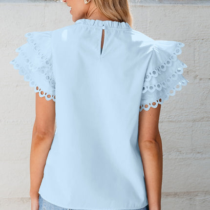 Ruffled Eyelet Round Neck Cap Sleeve Blouse