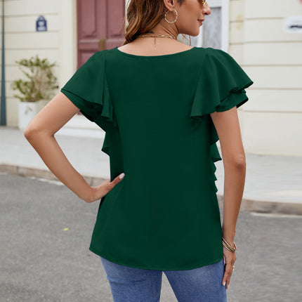 Ruffled V-Neck Short Sleeve Top