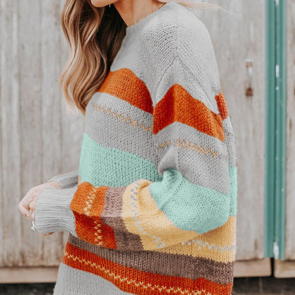 Color Block Round Neck Dropped Shoulder Sweater