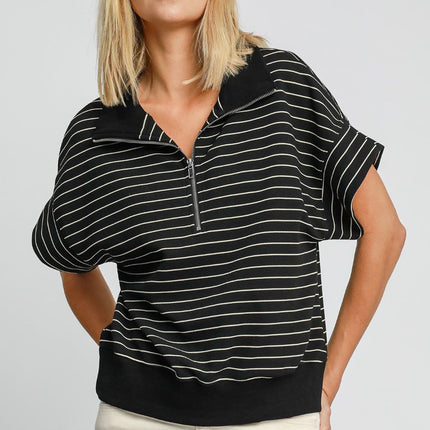 Umgee Striped Half Zip Short Sleeve Sweatshirt