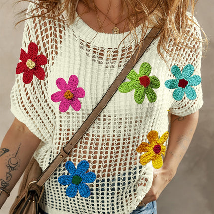 Flower Round Neck Half Sleeve Knit Cover Up