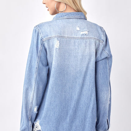 RISEN Button Up Distressed Denim Shirt