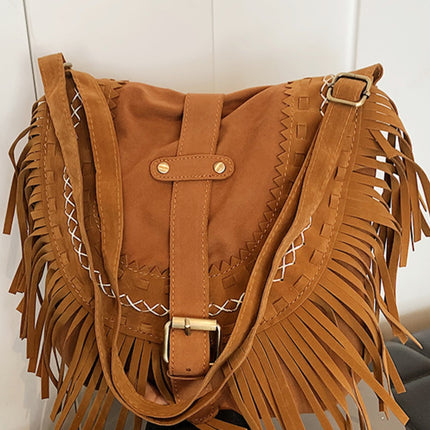 Suede Fringe Wide Strap Shoulder Bag