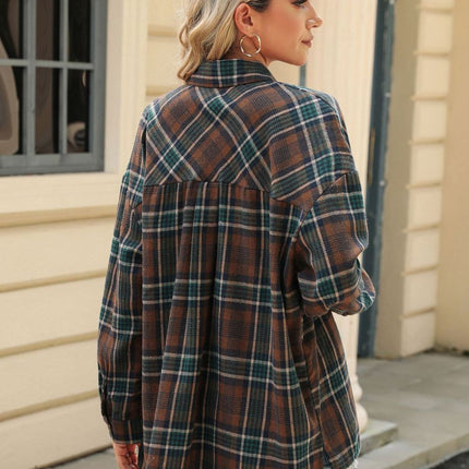 Pocketed Plaid Collared Neck Long Sleeve Shirt