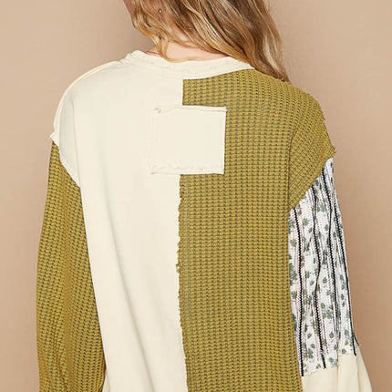 POL Exposed Seam Floral Patch Color Block Round Neck Sweatshirt