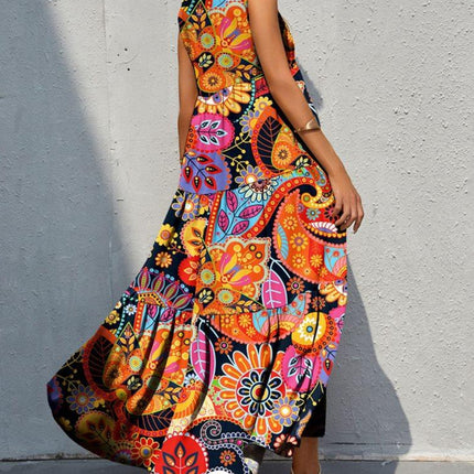 Tiered Printed V-Neck Sleeveless Dress