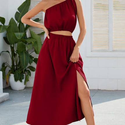 Ruched One Shoulder Top and Slit Skirt Set