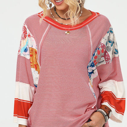 Striped Floral Patchwork Round Neck Top