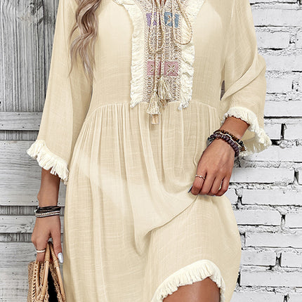 Fringe Tie Neck Three-Quarter Sleeve Cover Up