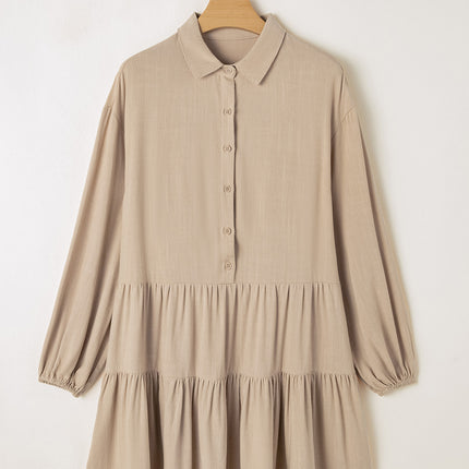 Tiered Collared Neck Balloon Sleeve Shirt Dress