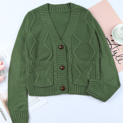 Cable-Knit Button Down V-Neck Cardigan