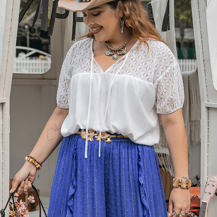 Plus Size Tie Neck Short Sleeve Blouse