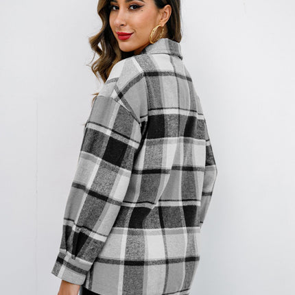 Shiny Plaid Button Up Collared Neck Jacket