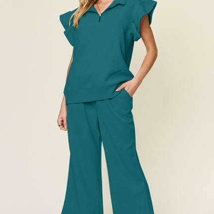 Double Take Texture Ruffle Short Sleeve Top and Drawstring Wide Leg Pants Set