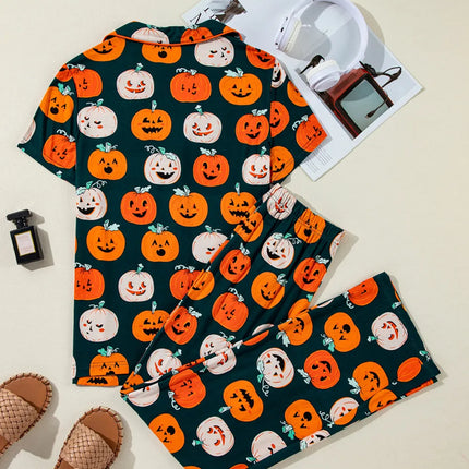 Pumpkin Printed Short Sleeve Top and Pants Lounge Set