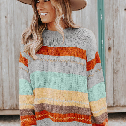 Color Block Round Neck Dropped Shoulder Sweater