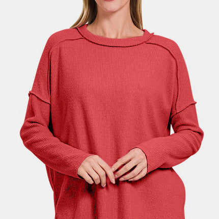 Zenana Full Size Exposed Seam Brushed Round Neck Sweater