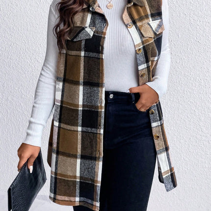Honey Plus Size Pocketed Plaid Button Up Vest Coat - Vickie Lynn's