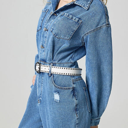 Distressed Button Down Drop Shoulder Denim Jumpsuit