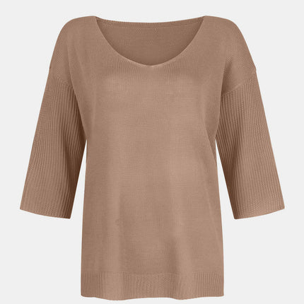 V-Neck Three-Quarter Sleeve Knit Top