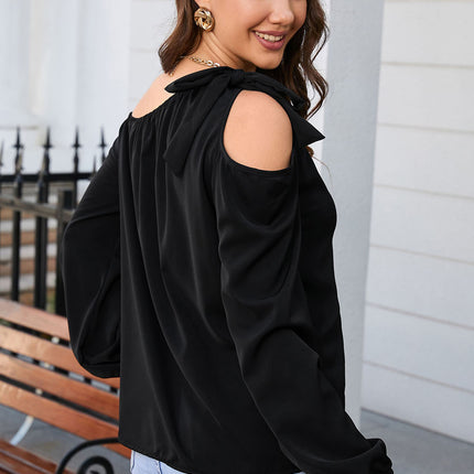 Double Take Tied Asymmetrical Neck Cold-Shoulder Blouse