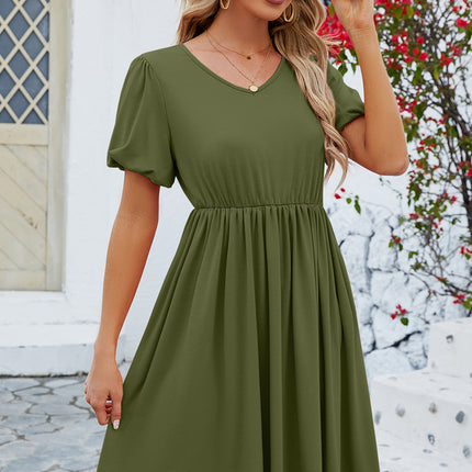 V-Neck Balloon Short Sleeve Dress