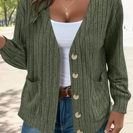 Full Size Button Up V-Neck Long Sleeve Cardigan