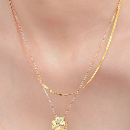 2 Piece 18K Gold-Plated Inlaid Zircon Lucky Clover Necklace