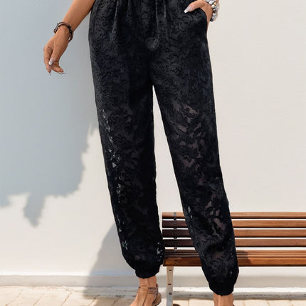 Pocketed Lace Elastic Waist Pants