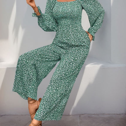 Perfee Smocked Printed Long Sleeve Wide Leg Jumpsuit