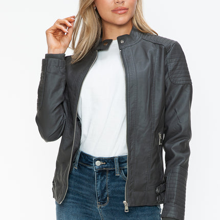 Snobbish Faux Leather Biker Jacket with Side Zip Pockets