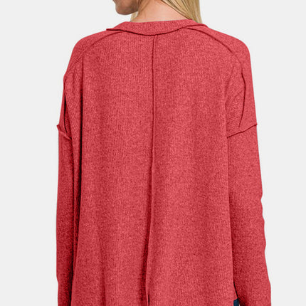 Zenana Full Size Exposed Seam Brushed Round Neck Sweater