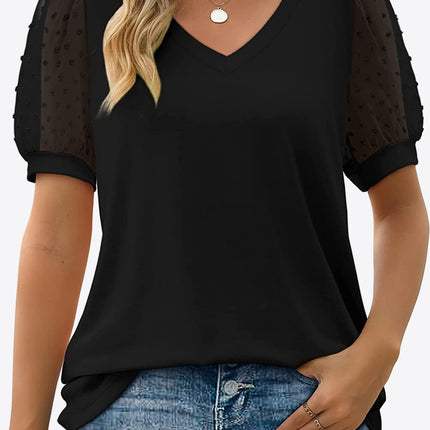 Swiss Dot Puff Sleeve V-Neck Tee