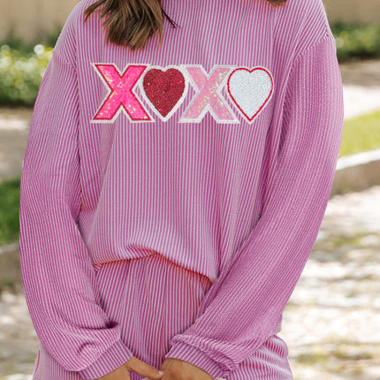 Valentine’s Day XOXO Heart Sequin Corded Long Sleeve Top and Shorts Set